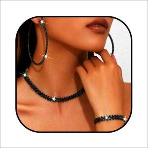 Rhinestone Jewelry Set with Necklace, Hoop Earrings, and Bracelet